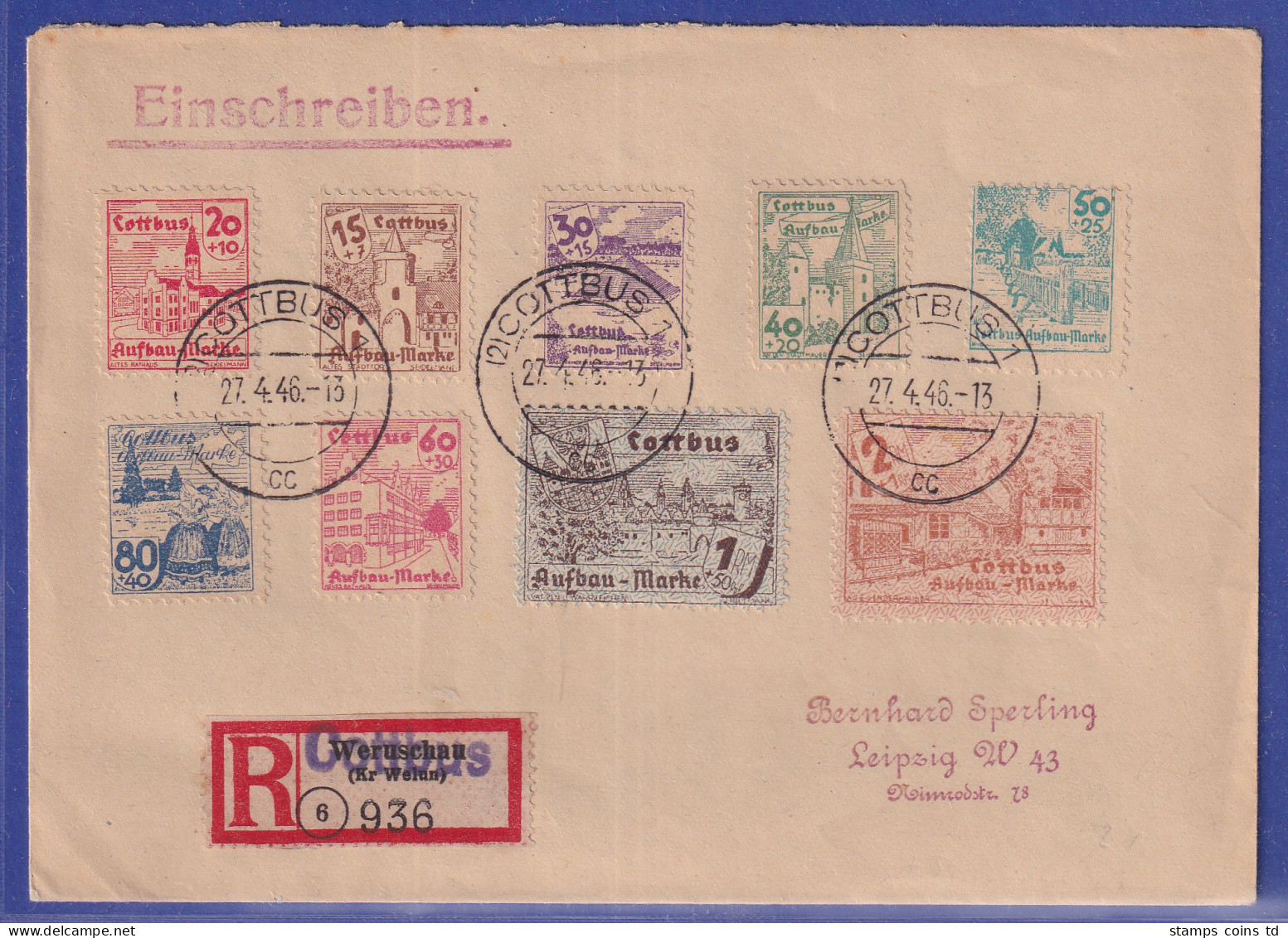 Lokalausgaben Cottbus 9 Werte Auf R-Brief Nach Leipzig 27.4.46 - Covers & Documents