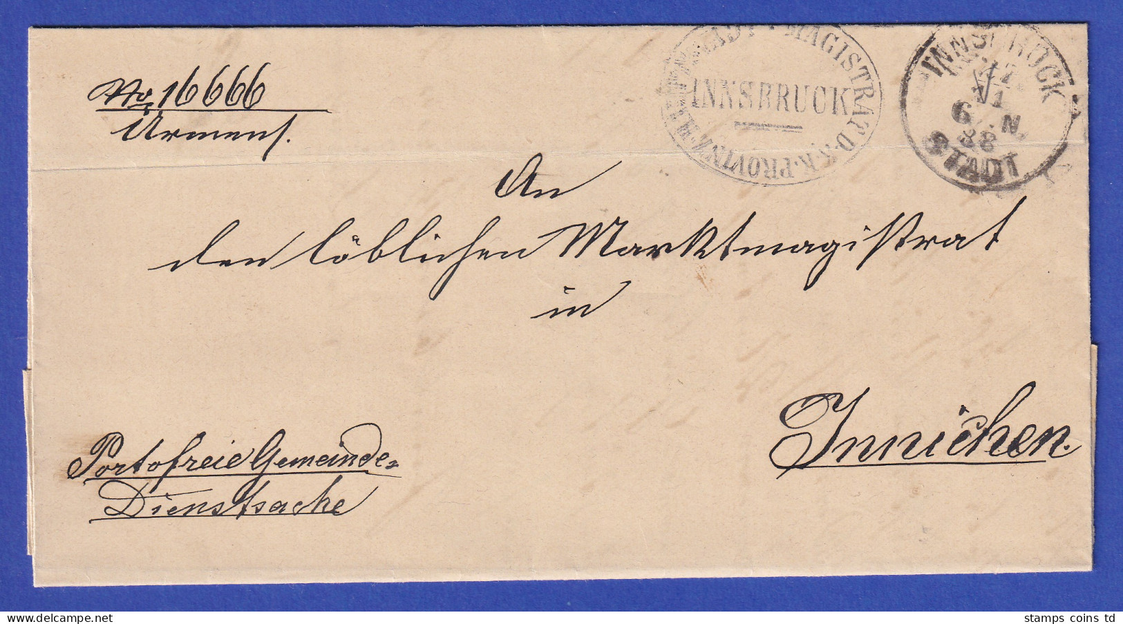 Österreich Dienstbrief Mit Rundstempel INNSBRUCK STADT 1888 - ...-1850 Voorfilatelie