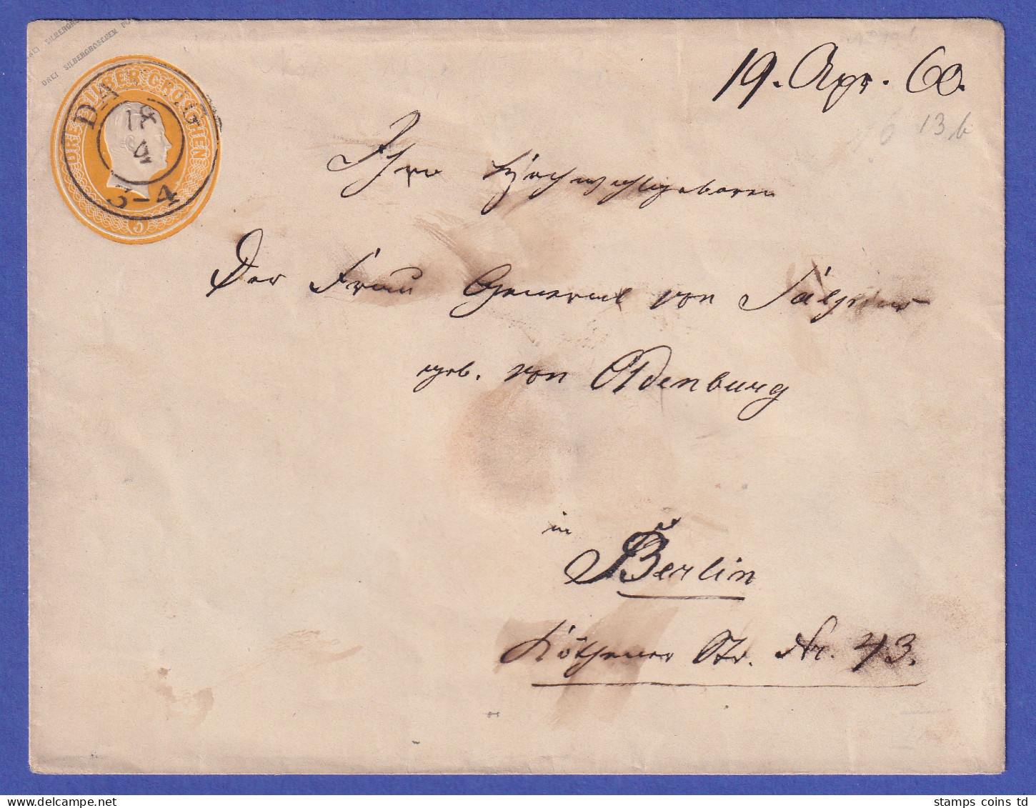 Danzig 1860 Alte Preußen-Ganzsache 3 Sgr Gelaufen Nach Berlin - Postal  Stationery