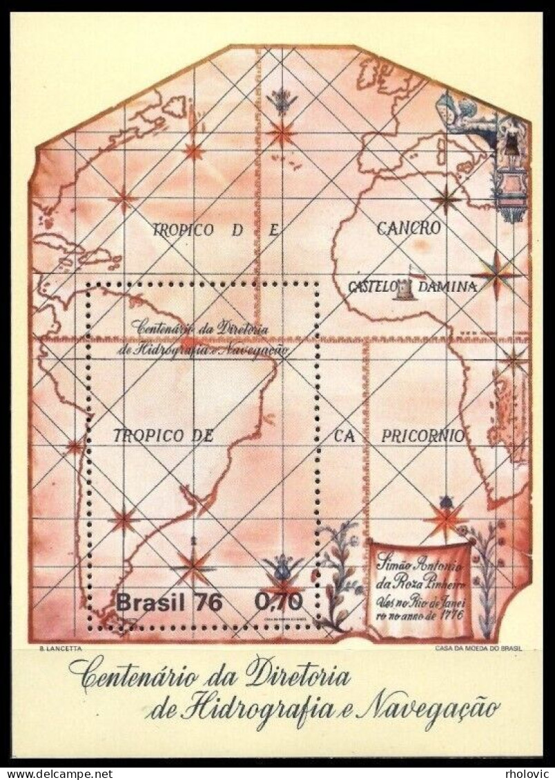 BRAZIL 1976, Maps, 100 Years Of Hydrography And Navigation, Mi #B37, Souvenir Sheet, MNH** - Hojas Bloque