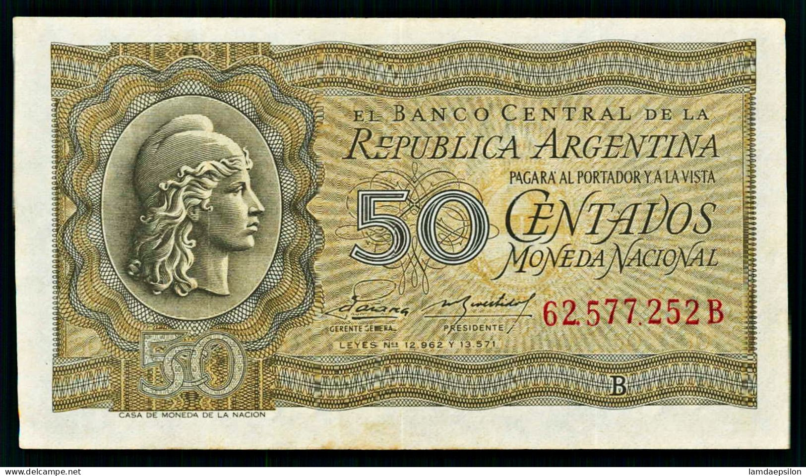 A10  ARGENTINE   BILLETS DU MONDE   BANKNOTES  50 CENTAVOS 1951 - Argentinien