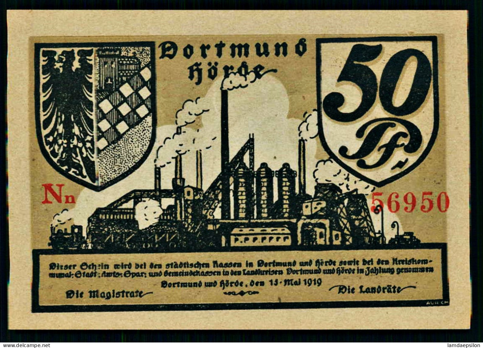 A10  ALLEMAGNE   BILLETS DU MONDE   BANKNOTES  50 Pfennig German Notgeld Dortmund Horde, 1919 - Verzamelingen