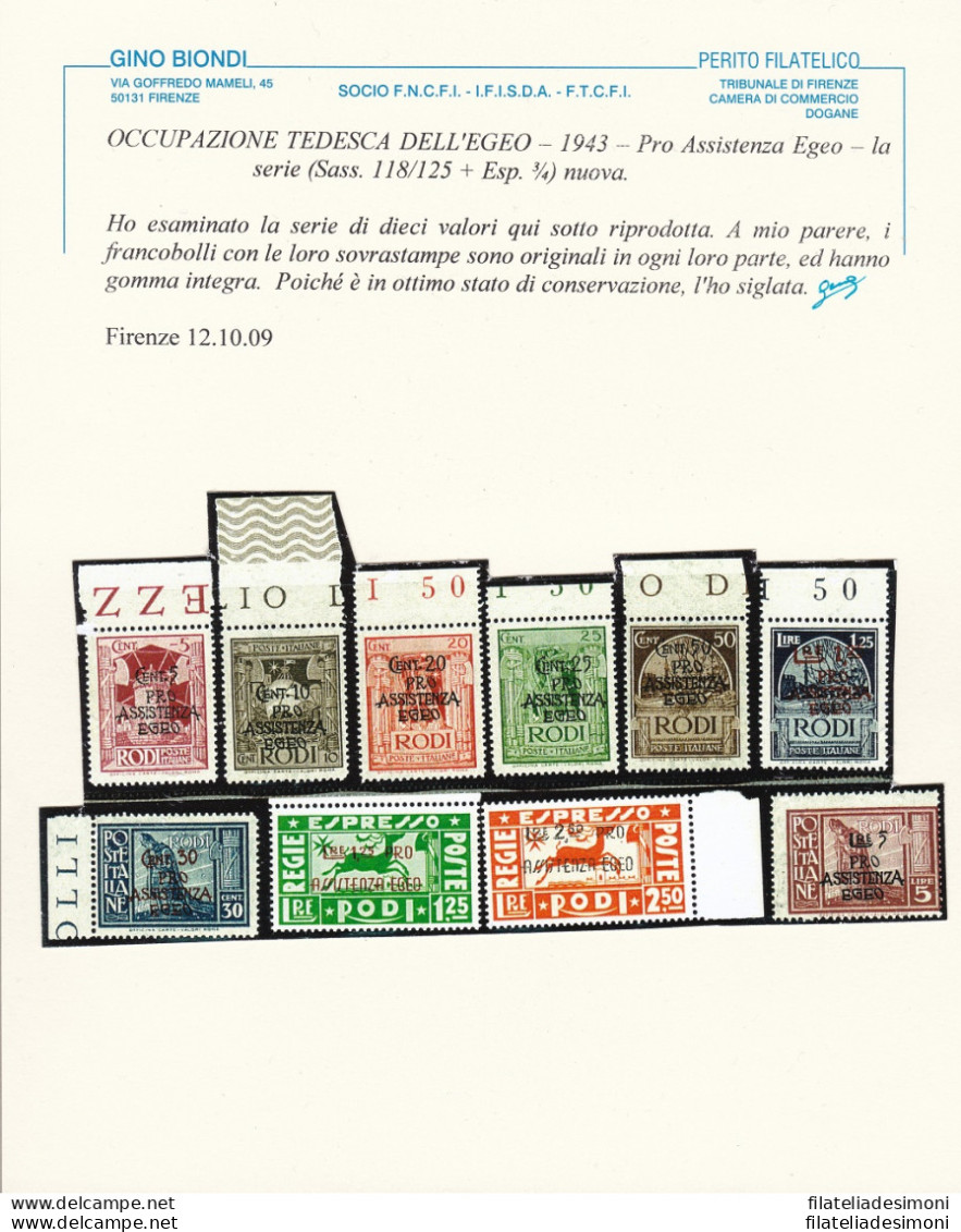 1943 EGEO Occupazione Tedesca, N° 118/125 + Ex. 3/4 Serie Di 10 Valori MNH/** C - Egée