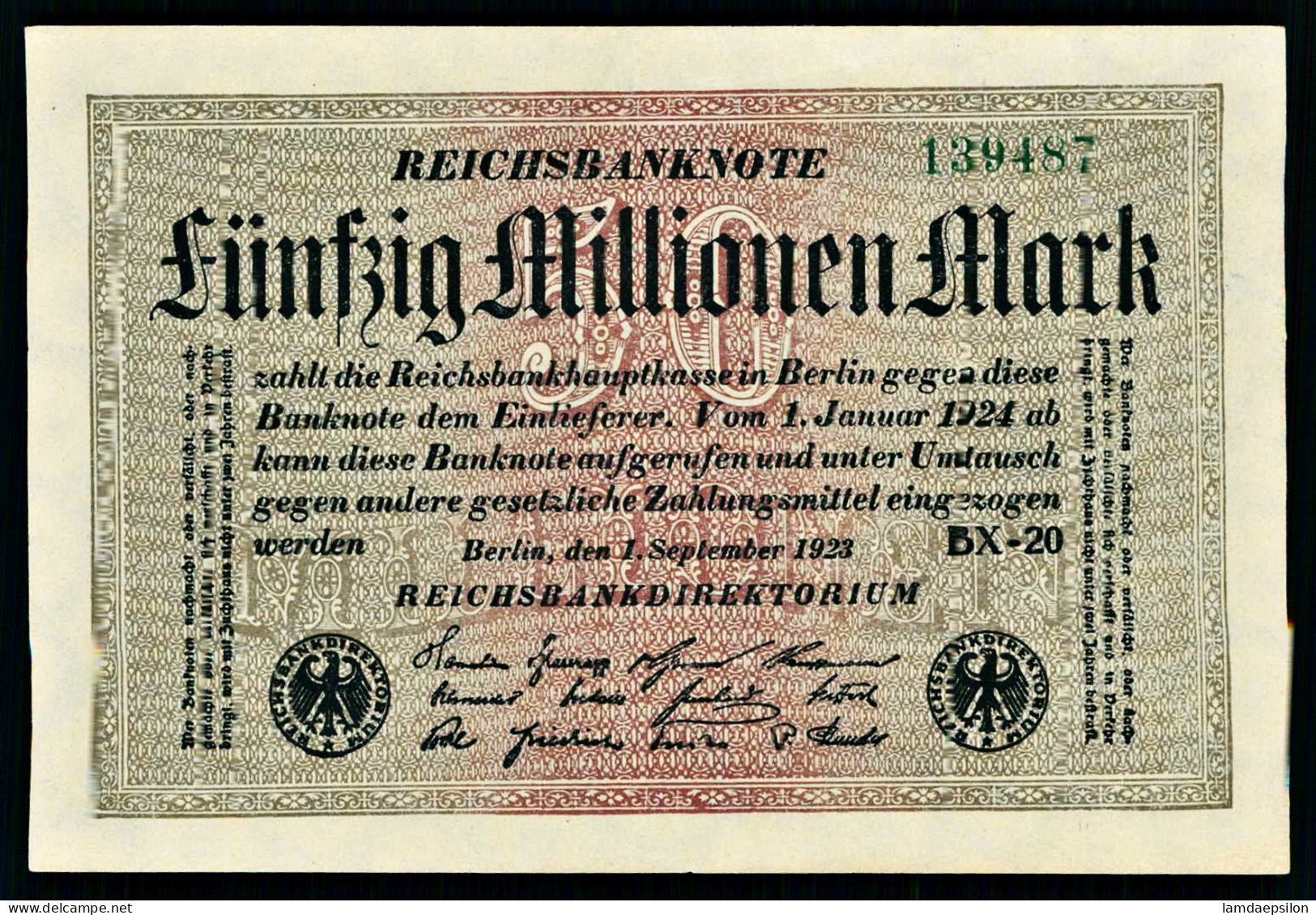 A10  ALLEMAGNE   BILLETS DU MONDE   BANKNOTES  50 Millionen Mark 1 Septembre 1923. - 50 Miljoen Mark