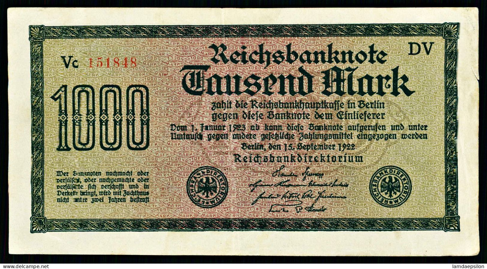 A10  ALLEMAGNE   BILLETS DU MONDE   BANKNOTES  1000 Mark  1922 - 1.000 Mark