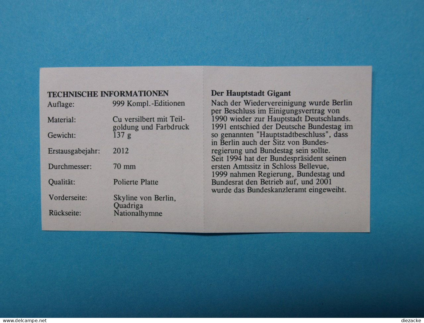 2012 Gigantprägung Bundeshauptstadt Berlin, Versilbert, Teilvergoldet PP (MZ1253 - Ohne Zuordnung
