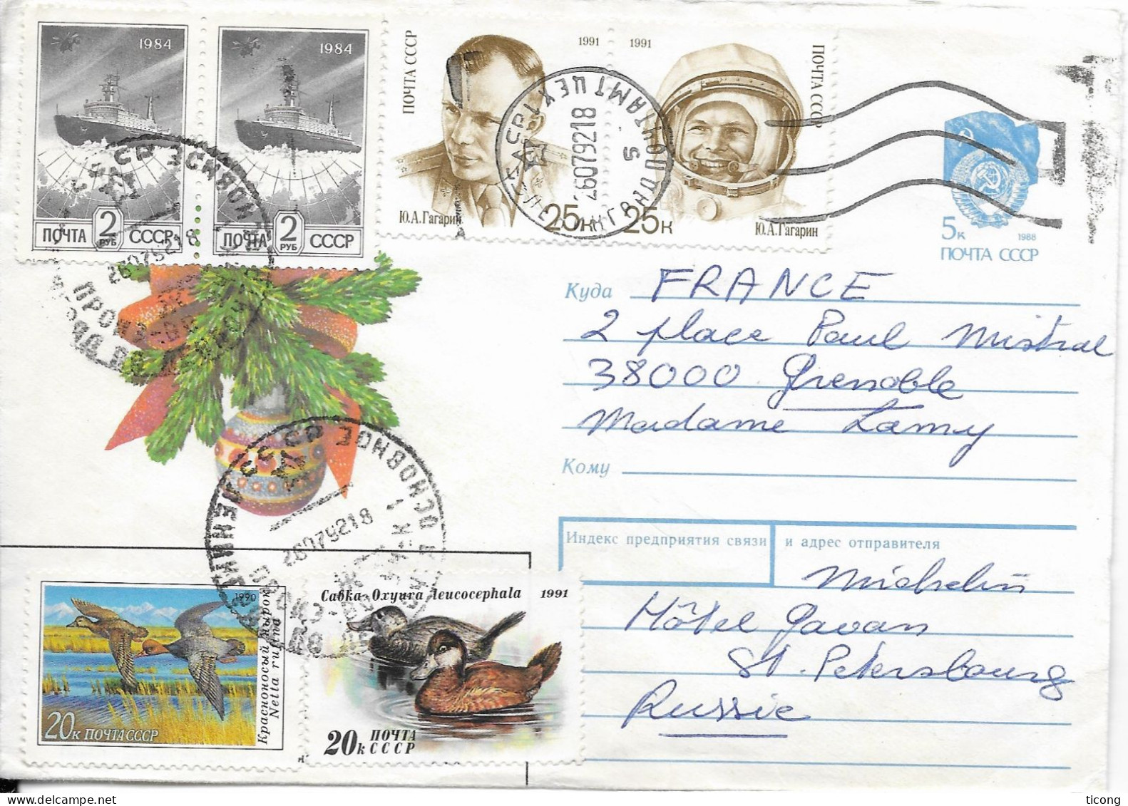 LETTRE DE RUSSIE 1992 - ENTIER POSTAL URSS,  TIMBRES CANARDS DE 1990 ET 1991. PAIRE GAGARINE, PAIRE BATEAUX - A VOIR - Lettres & Documents