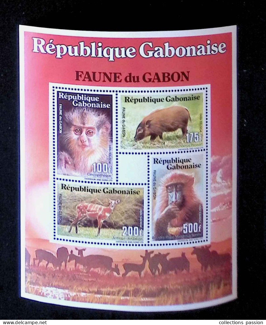 CL, Block, Bloc De 4 Timbres Neufs, 1990, Gabon, République Gabonaise, Faune , Mandrill, Antilope, ....frais Fr 1.75 E - Gabón (1960-...)