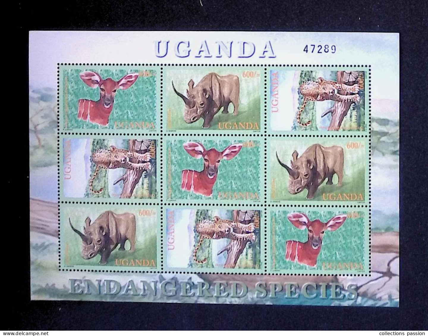 CL, Block, Bloc De 9 Timbres Neufs, 1990, Uganda, Ouganda, Endangered Species, Feuillet 47289, Frais Fr 1.75 E - Uganda (1962-...)