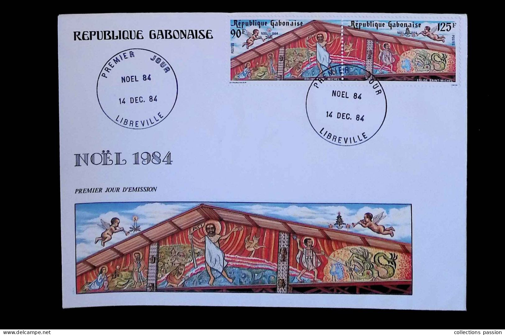 CL, FDC, Premier Jour, République Gabonaise, Gabon, Libreville, 14 Dec. 84, Noël 1984, Bloc De 2, Frais Fr 1.85 E - Gabón (1960-...)