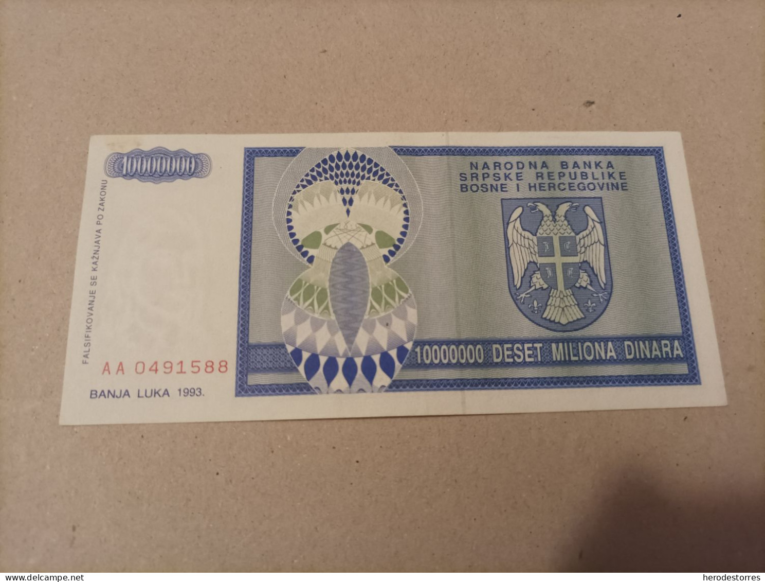 Billete Bosnia Herzegovina, 10000000 Dinara Serie AA, Año 1993 - Bosnie-Herzegovine