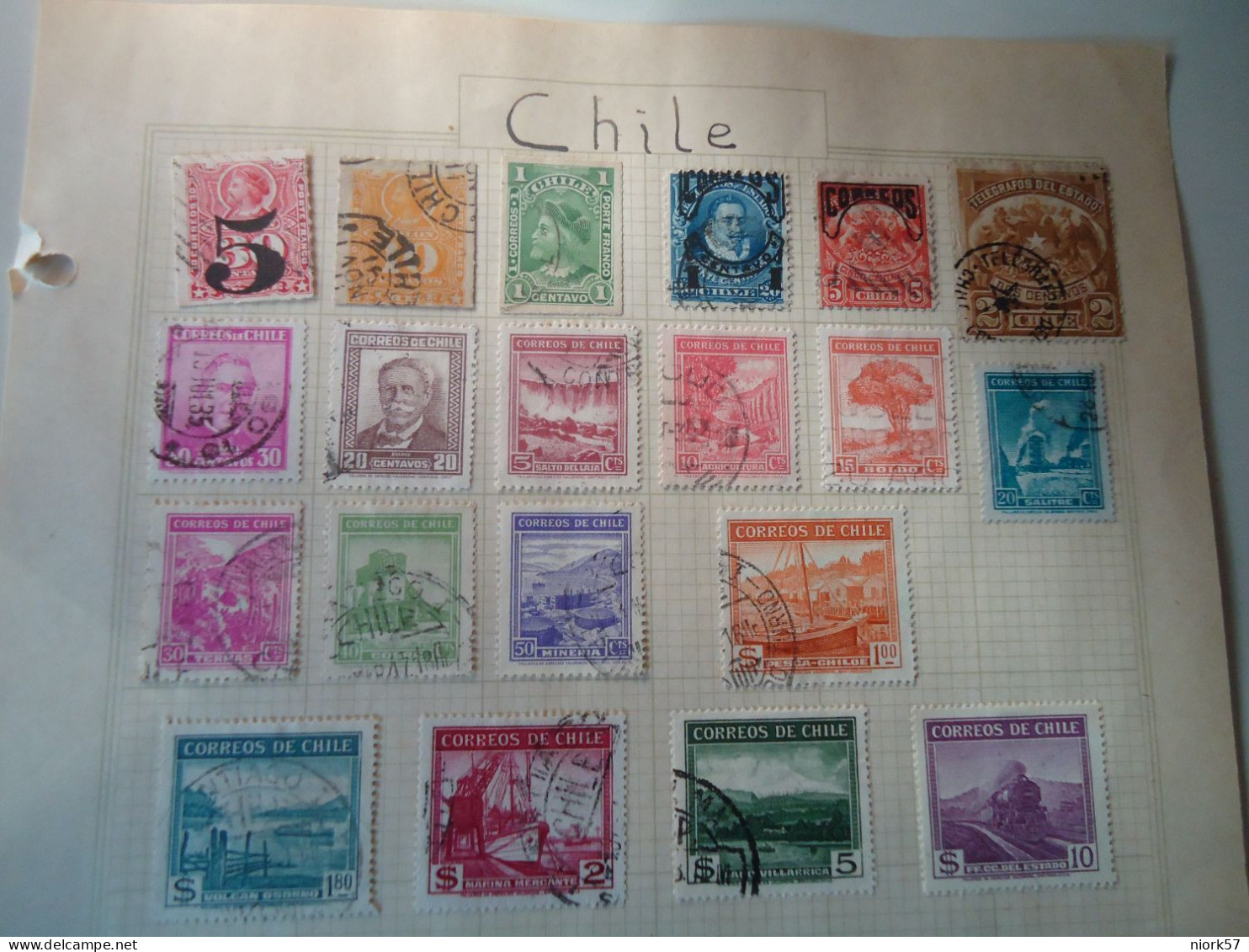 CHILE   28 OLD STAMPS ON PAPERS PAGES WITH POSTMARK 3 SCAN - Cile