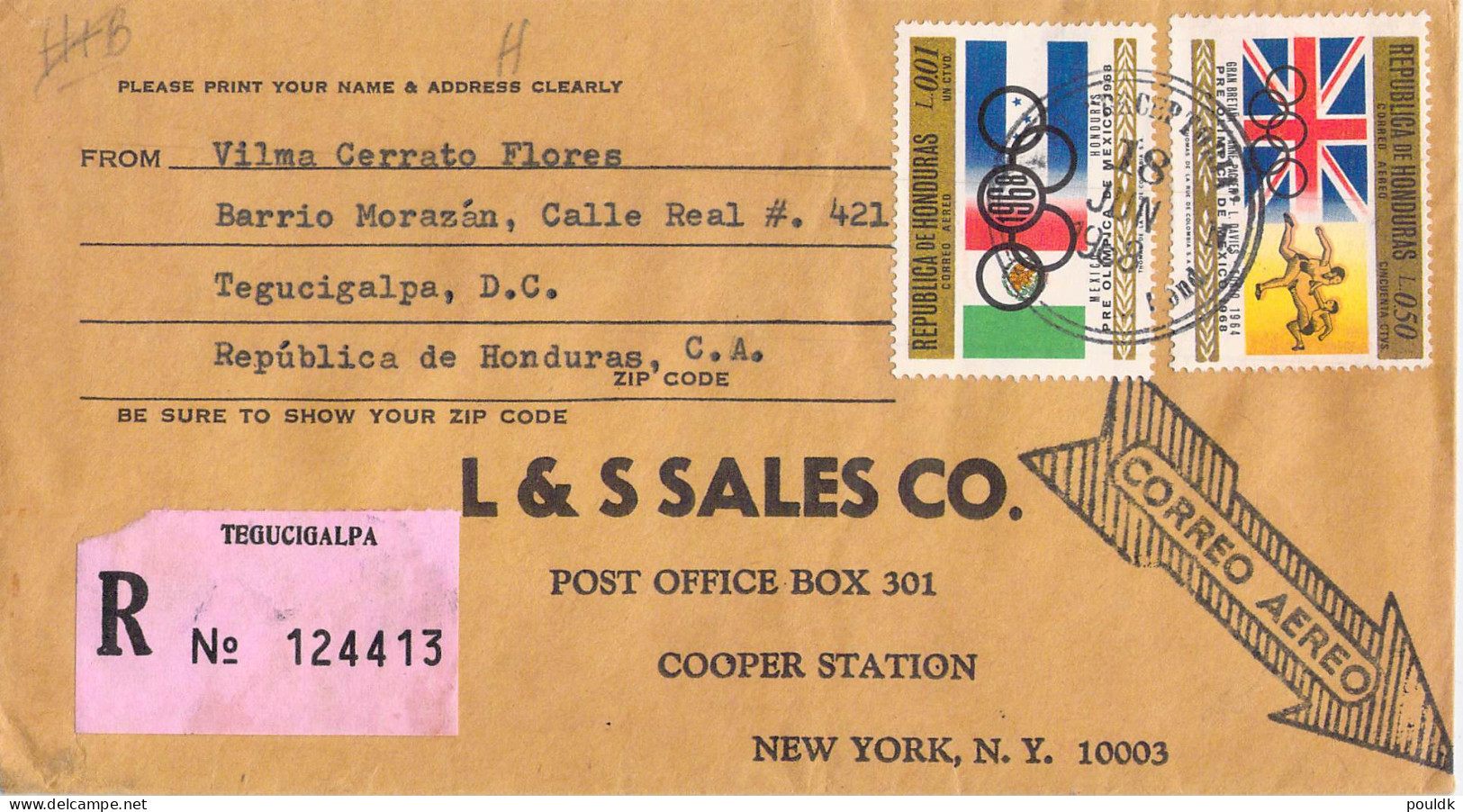 Registered Cover From Honduras Franked W/1960 Olympic Games Stamps Posted To USA. Postal Weight Approx 0,040 Gr. - Verano 1968: México