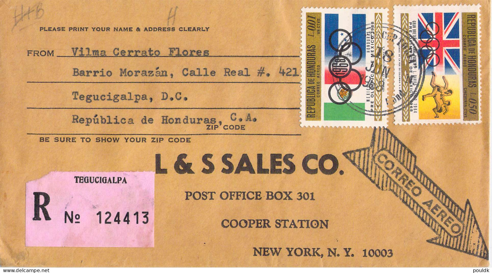 Registered Cover From Honduras Franked W/1960 Olympic Games Stamps Posted To USA. Postal Weight Approx 0,040 Gr. - Sommer 1968: Mexico