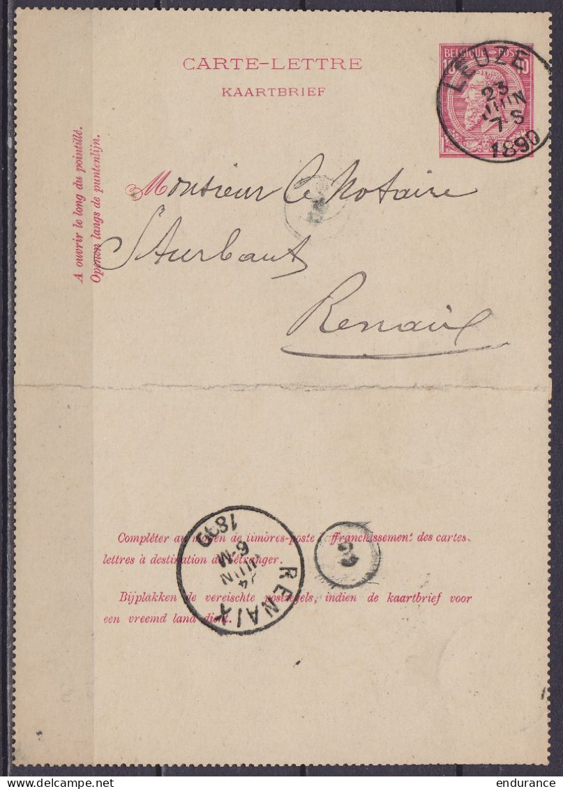 Carte-lettre 10c Rose (N°46) Càd LEUZE /23 JUIN 1890 Pour Notaire à RENAIX (au Dos: Càd RENAIX) - Cartes-lettres
