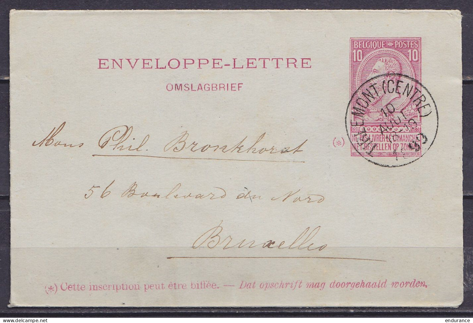 Enveloppe-lettre 10c Rose (N°46) Càd TIRLEMONT (CENTRAL) /10 AOUT 1899 Pour BRUXELLES - Briefumschläge