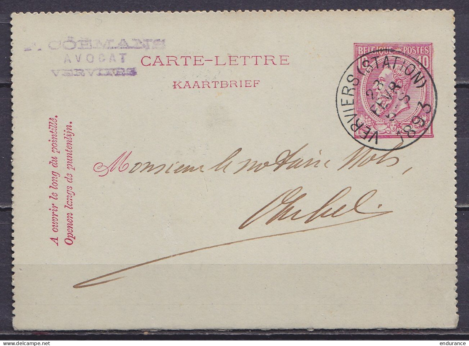 Carte-lettre 10c Rose (N°46) Càd VERVIERS (STATION) /28 FEVR 1893 Pour AUBEL (au Dos: Càd Arrivée AUBEL) - Kartenbriefe