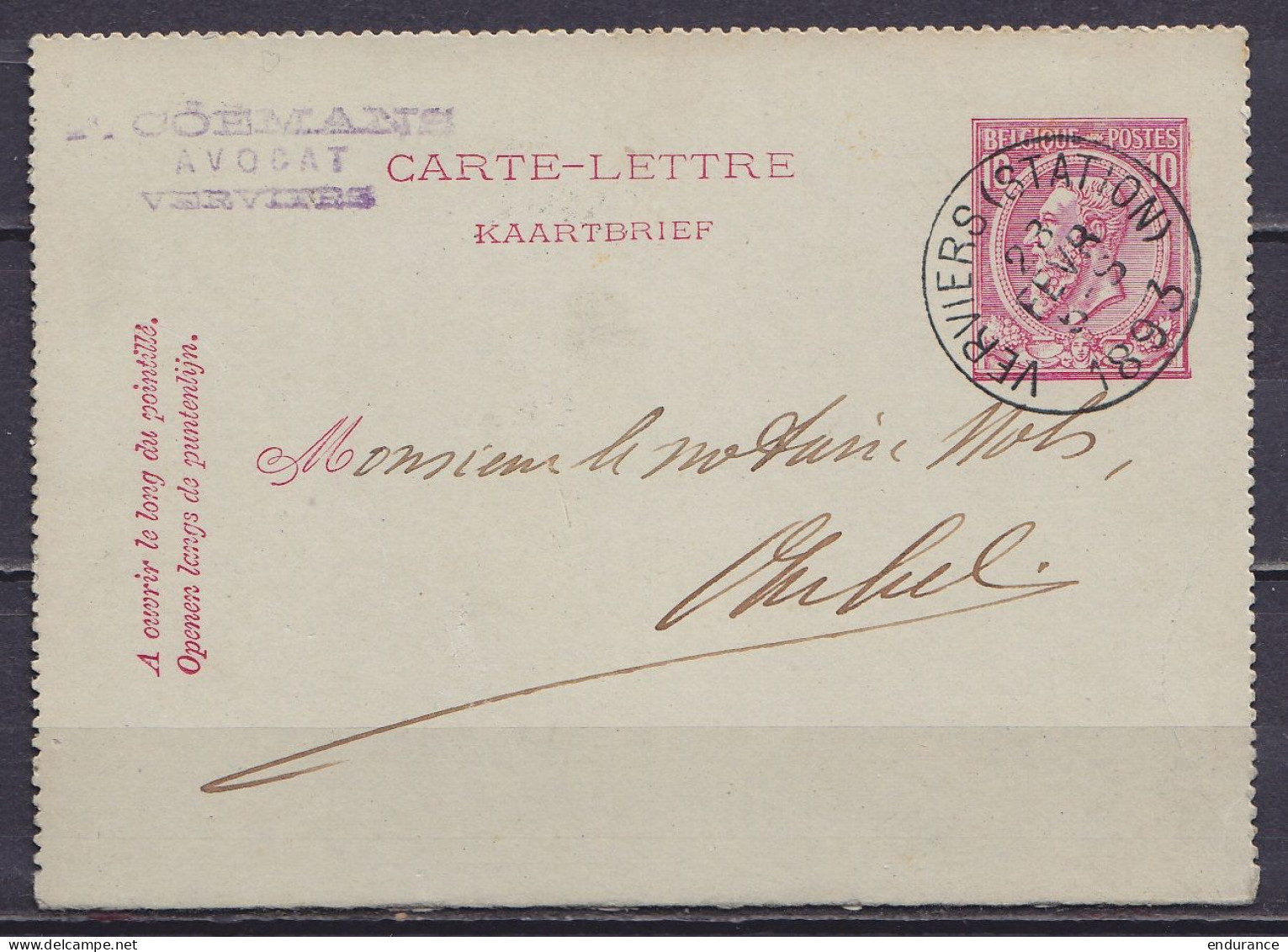 Carte-lettre 10c Rose (N°46) Càd VERVIERS (STATION) /28 FEVR 1893 Pour AUBEL (au Dos: Càd Arrivée AUBEL) - Postbladen