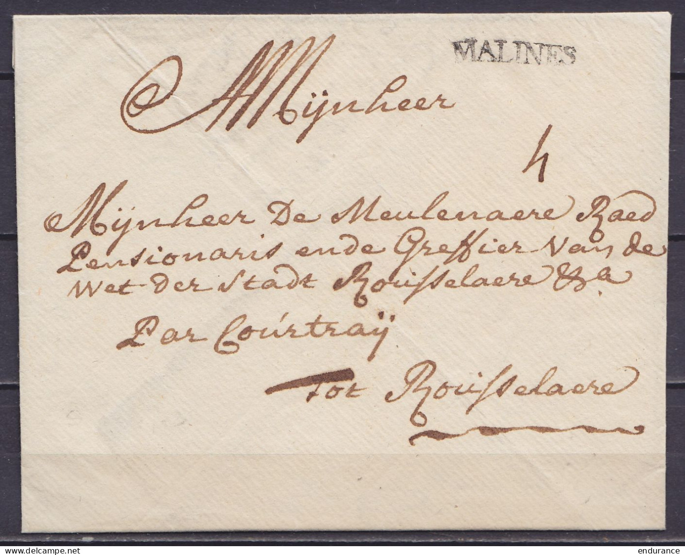 L. Datée 9 Octobre 1773 De MECHELEN Pour ROUSSELAERE (Roeselare) "par Courtraÿ" - Griffe "MALINES" - Port "4" - 1714-1794 (Oostenrijkse Nederlanden)