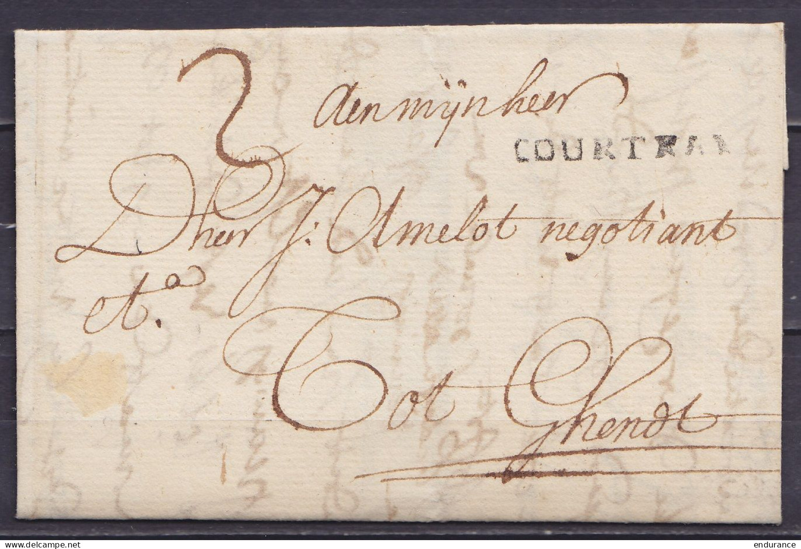 L. Datée 20 Décembre 1751 De CORTRYCK Pour GENDT (Gent) - Griffe "COUTRAI" - Port "2" - 1714-1794 (Pays-Bas Autrichiens)