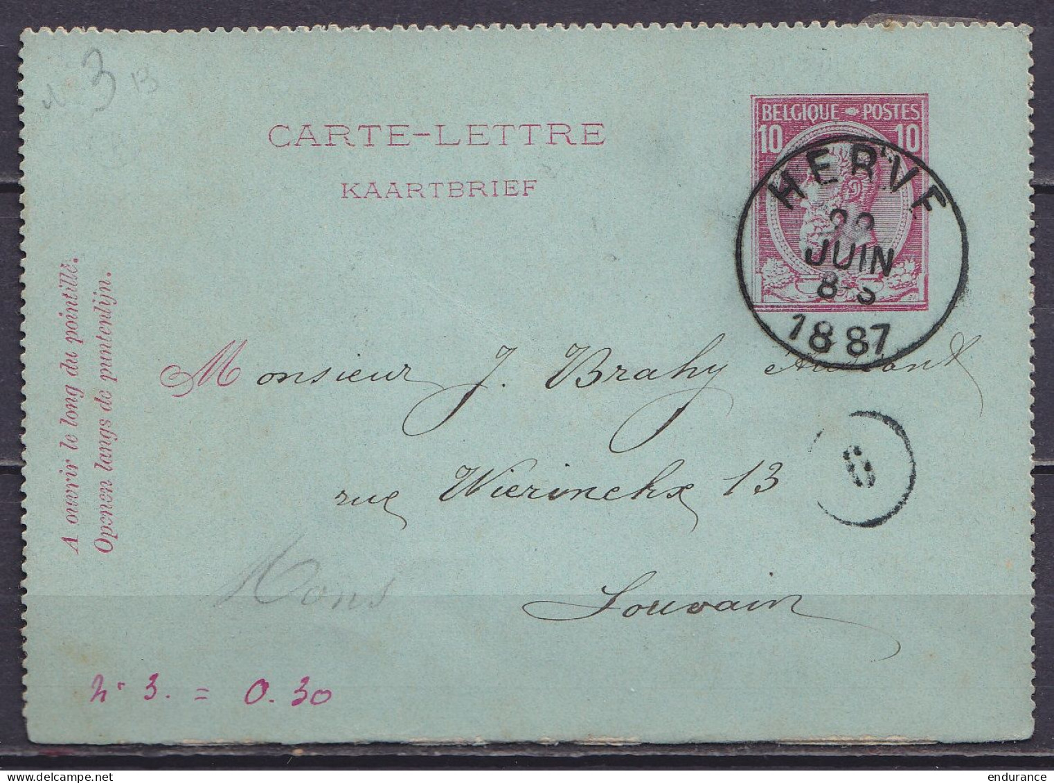 Carte-lettre 10c Rose (N°46) Càd HERVE /29 JUIN 1887 Pour LOUVAIN (au Dos: Càd LOUVAIN) - Carte-Lettere