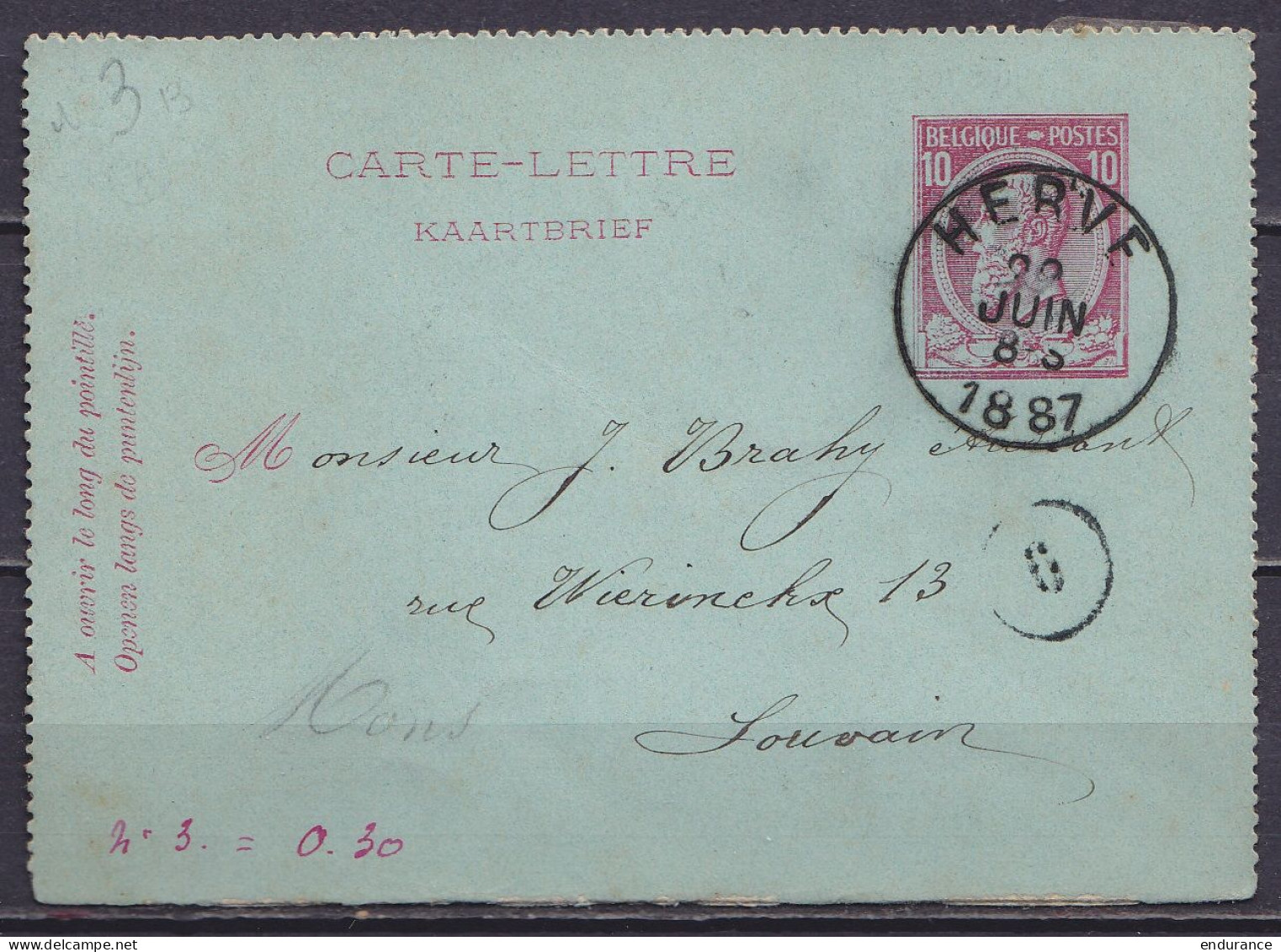 Carte-lettre 10c Rose (N°46) Càd HERVE /29 JUIN 1887 Pour LOUVAIN (au Dos: Càd LOUVAIN) - Letter-Cards