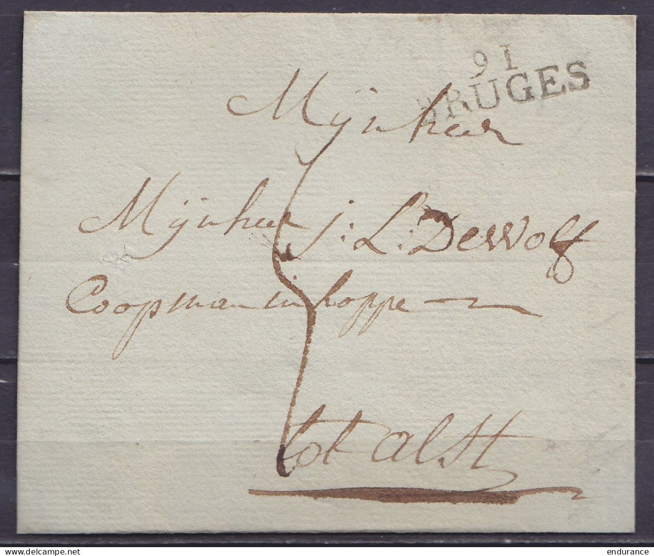 L. Datée 20 Mars 1800 De BRUGGHE Pour ALST (Aalst Alost) - Griffe "91/ BRUGES" - Port "5" - 1794-1814 (Periodo Frances)