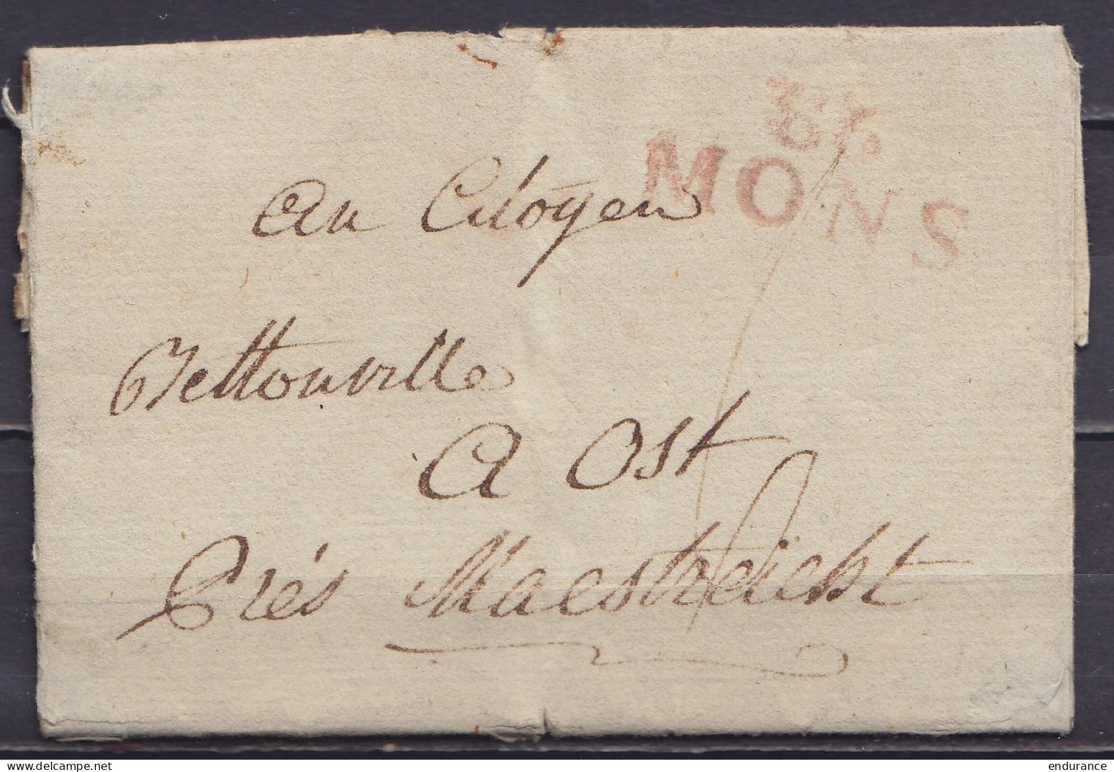 L. Datée 26 Mars 1799 De MONS Pour OST Près Maestricht - Griffe "86/ MONS" - Port "6" - 1794-1814 (Période Française)