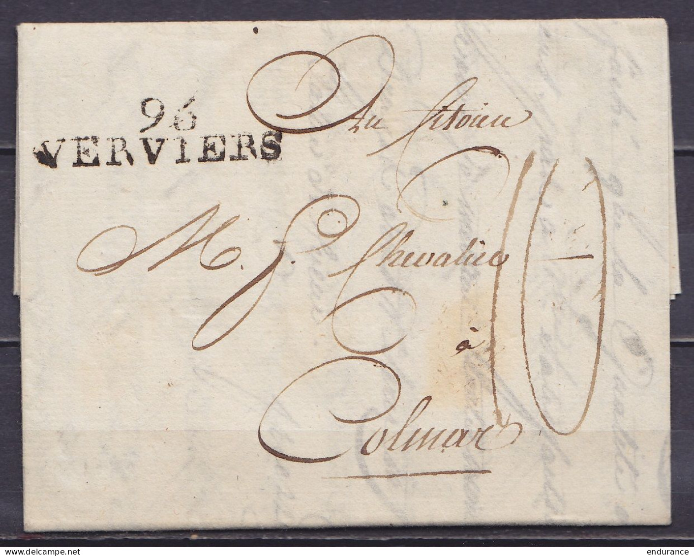 L. Datée 17 Prairial An 6 De HODIMONT Pour COLMAR - Griffe "96/ VERVIERS" & Port "10" - 1794-1814 (Französische Besatzung)