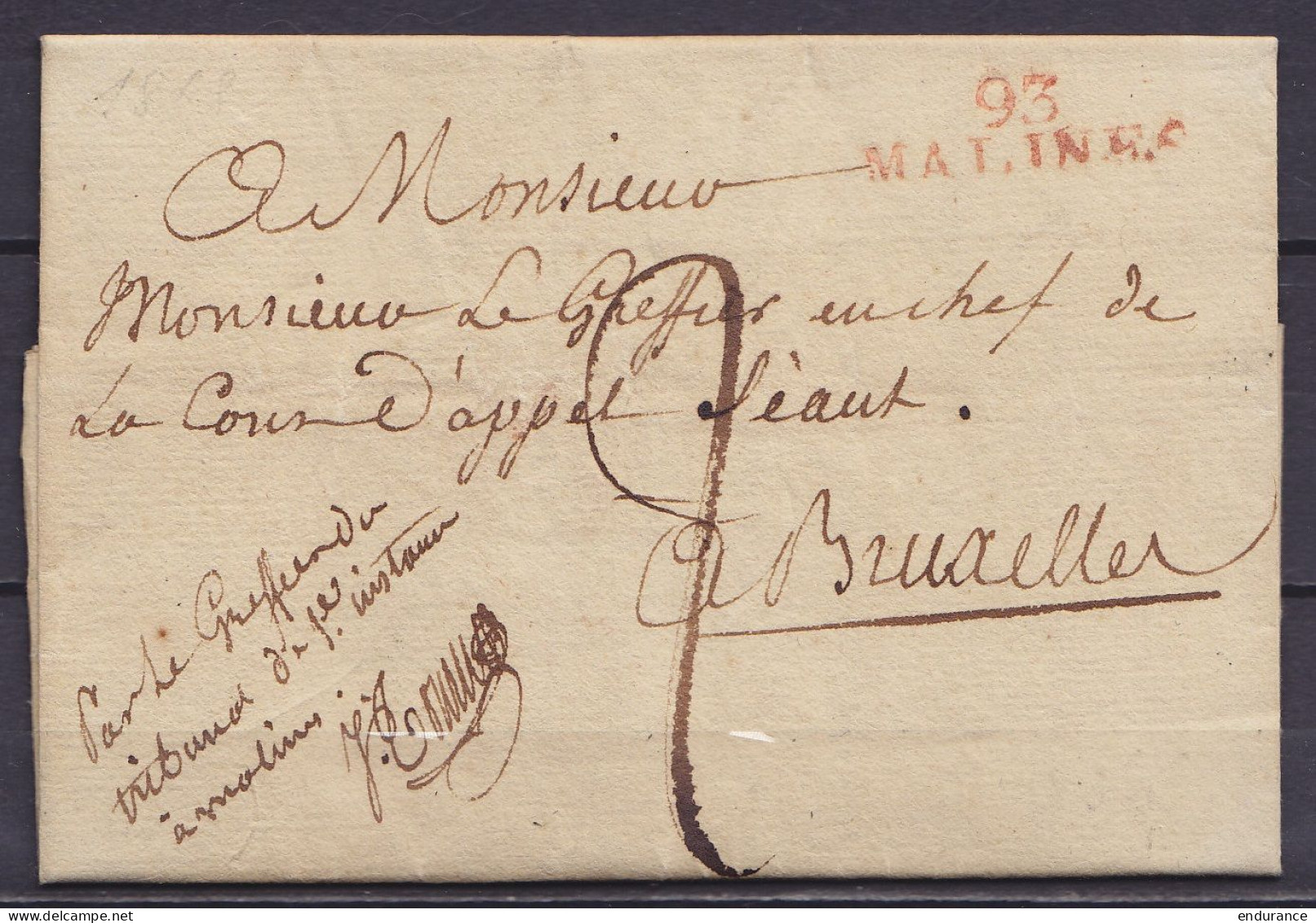 L. Datée 24 Avril 1808 Du Tribunal De Première Instance à MALINES Pour BRUXELLES - Griffe "93/ MALINES" Port "2" & Man.  - 1794-1814 (Periodo Frances)