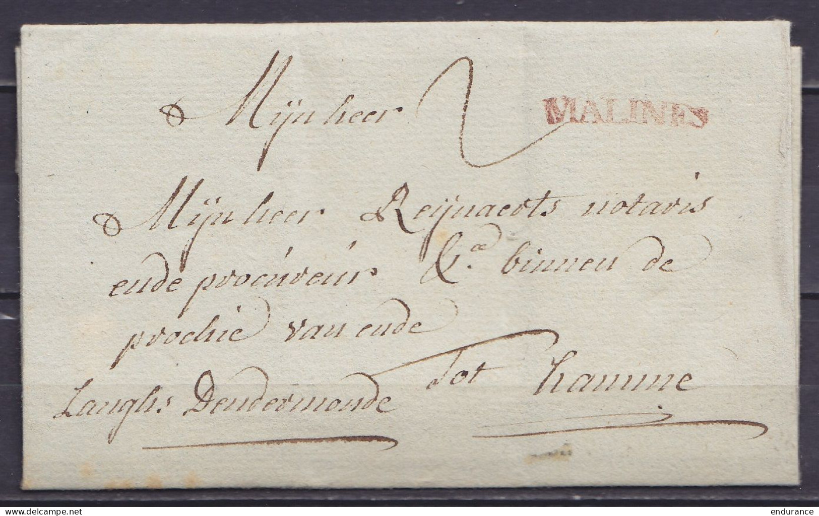 L. Datée 18 Août 1774 De MECHELEN Pour HAMME Langhs Dendermonde - Griffe Rouge "MALINES" - Port "2" - 1714-1794 (Pays-Bas Autrichiens)