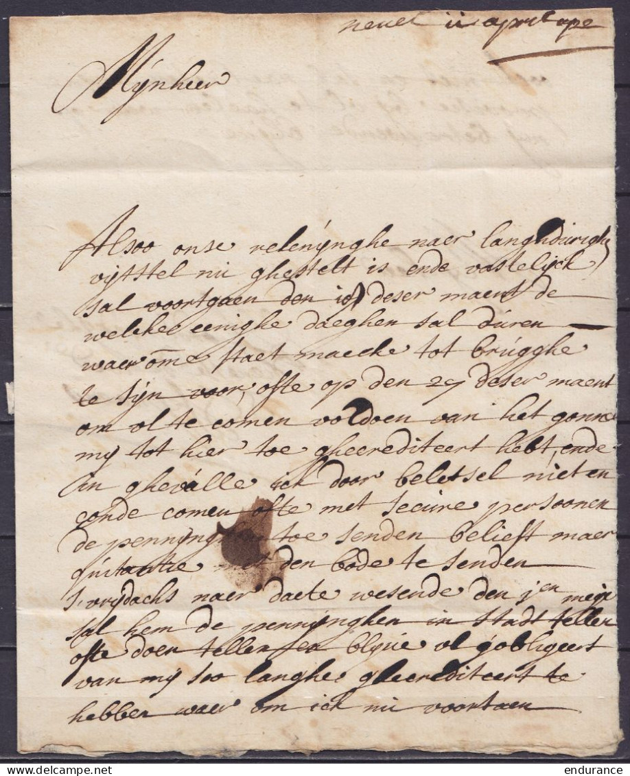 L. Datée 1722 De NEVEL Pour BRUGGHE (Bruges) Par Messager - Port "III" à La Craie Rouge (au Dos: Marque Manuscrite "Neve - 1714-1794 (Oostenrijkse Nederlanden)