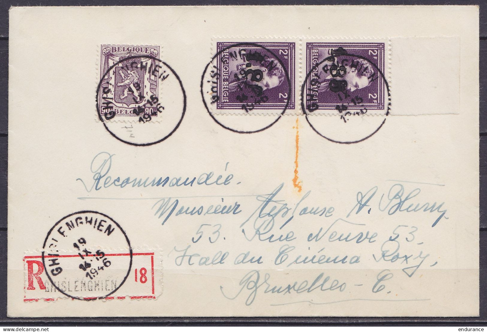 L. Recommandée Affr. N°714 + Paire Verticale N°724V (rare Sur Lettre !) Càd GHISLENGHIEN /19 IX 1946 Pour BRUXELLES - 1946 -10%