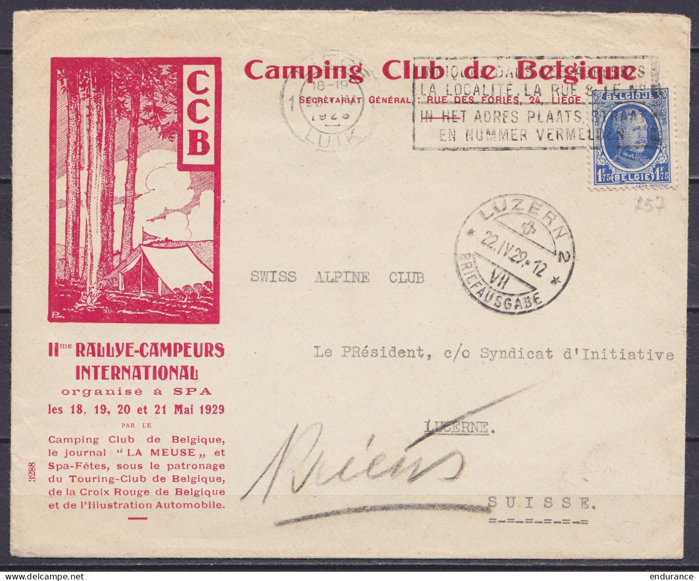 L. "Camping Club De Belgique / IIe Rallye-Campeurs International" Affr. N°257 Flam LIEGE /20 IV 1929 Pour Swiss Alpine C - 1922-1927 Houyoux