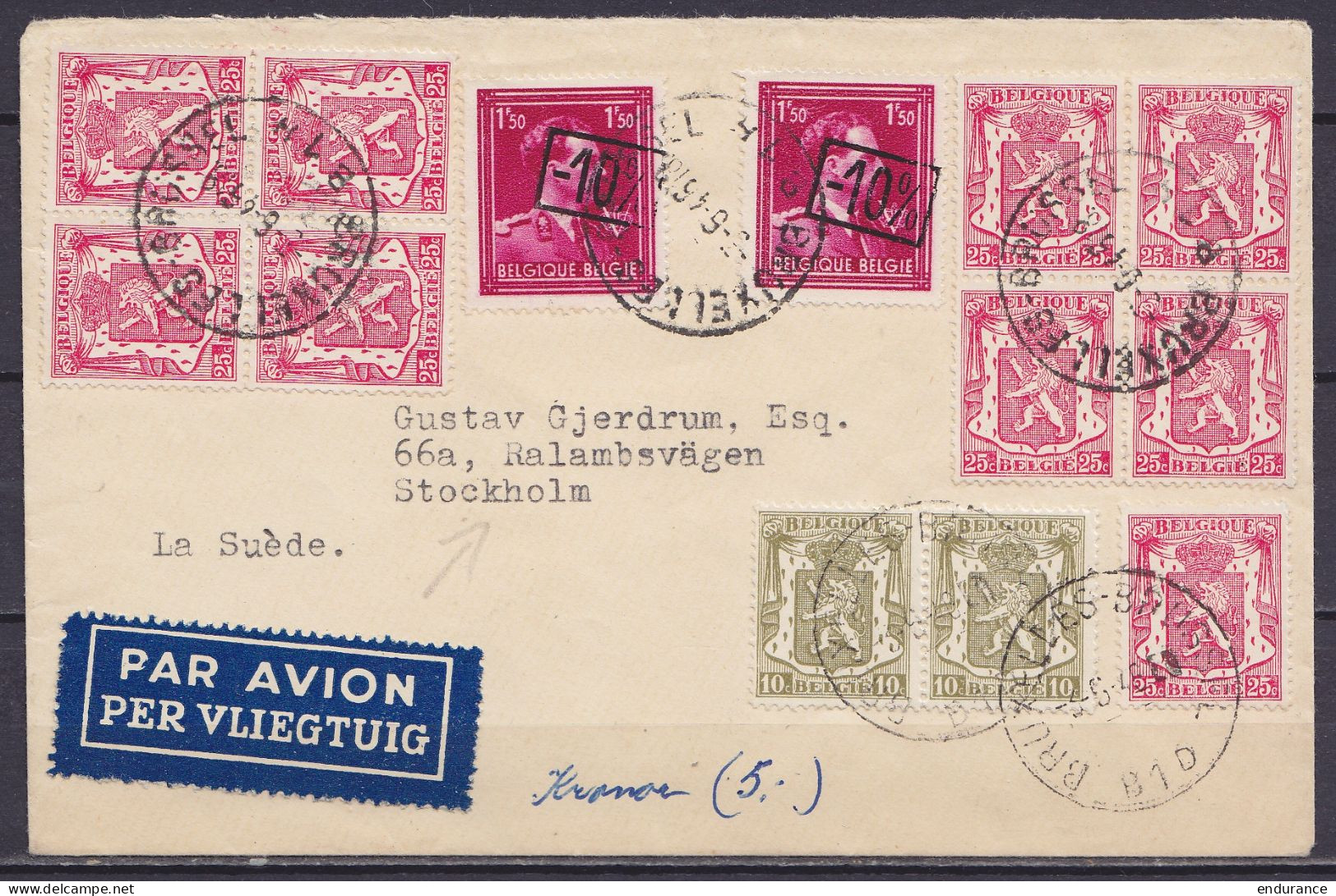 L. Par Avion Affr. 9xN°423 + Paire N°420 + 2xN°724R Càd BRUXELLES-BRUSSEL 1BH /-3-6-1946 Pour STOCKHOLM Suède - 1946 -10 %