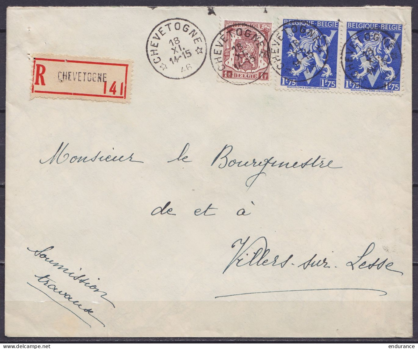 L. Recommandée Affr.N°715 + Paire N°683 Càd Relais *CHEVETOGNE* /18 XI. 1946 Pour VILLERS-SUR-LESSE (recommandé Relais R - 1935-1949 Kleines Staatssiegel