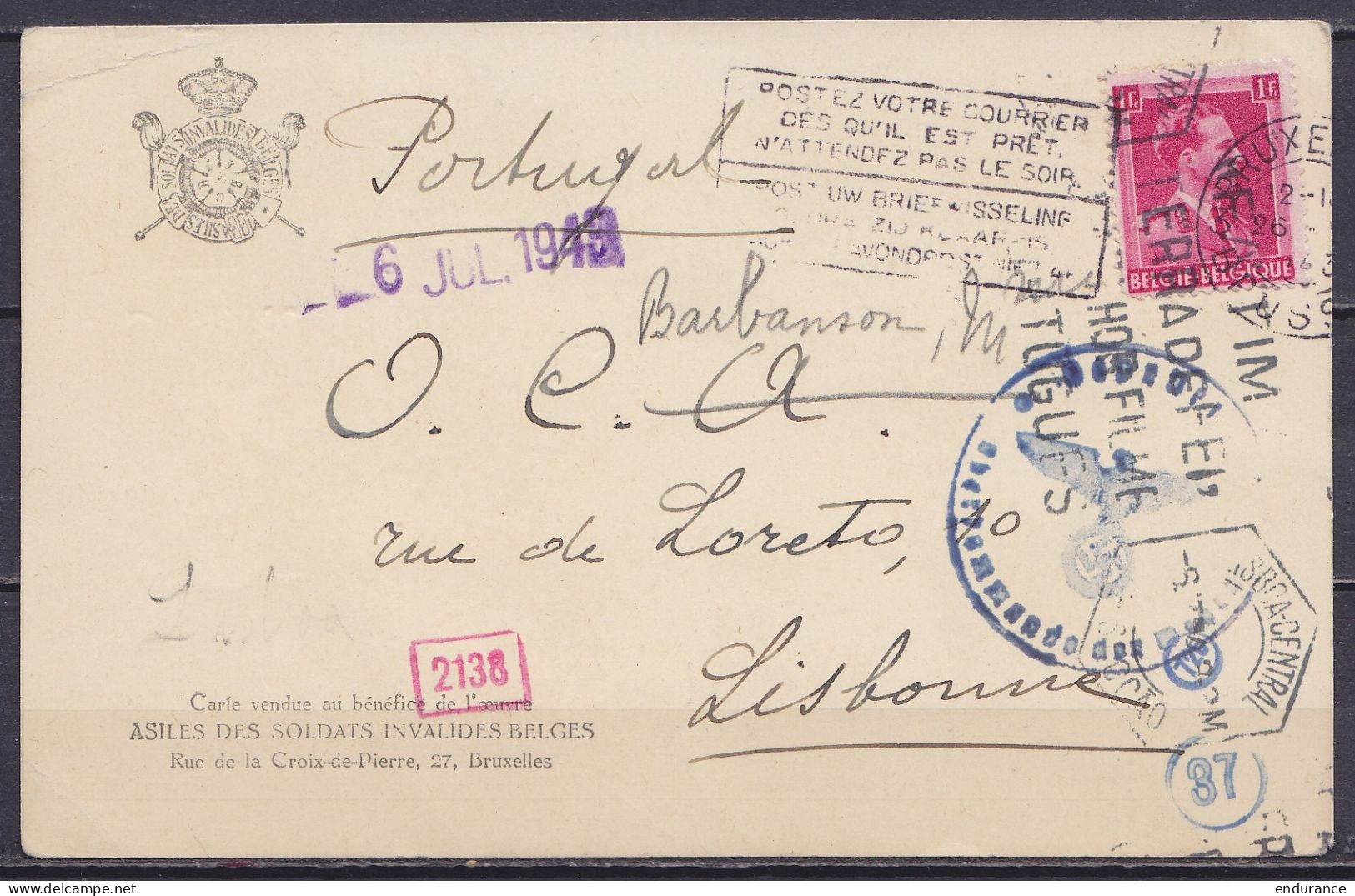 CP "Asile Des Soldats Invalides Belges" Affr. N°528 Flam. BRUXELLES 3 /26-6-1943 Pour LISBONNE - Cachet Censure Militair - 1936-1957 Collar Abierto