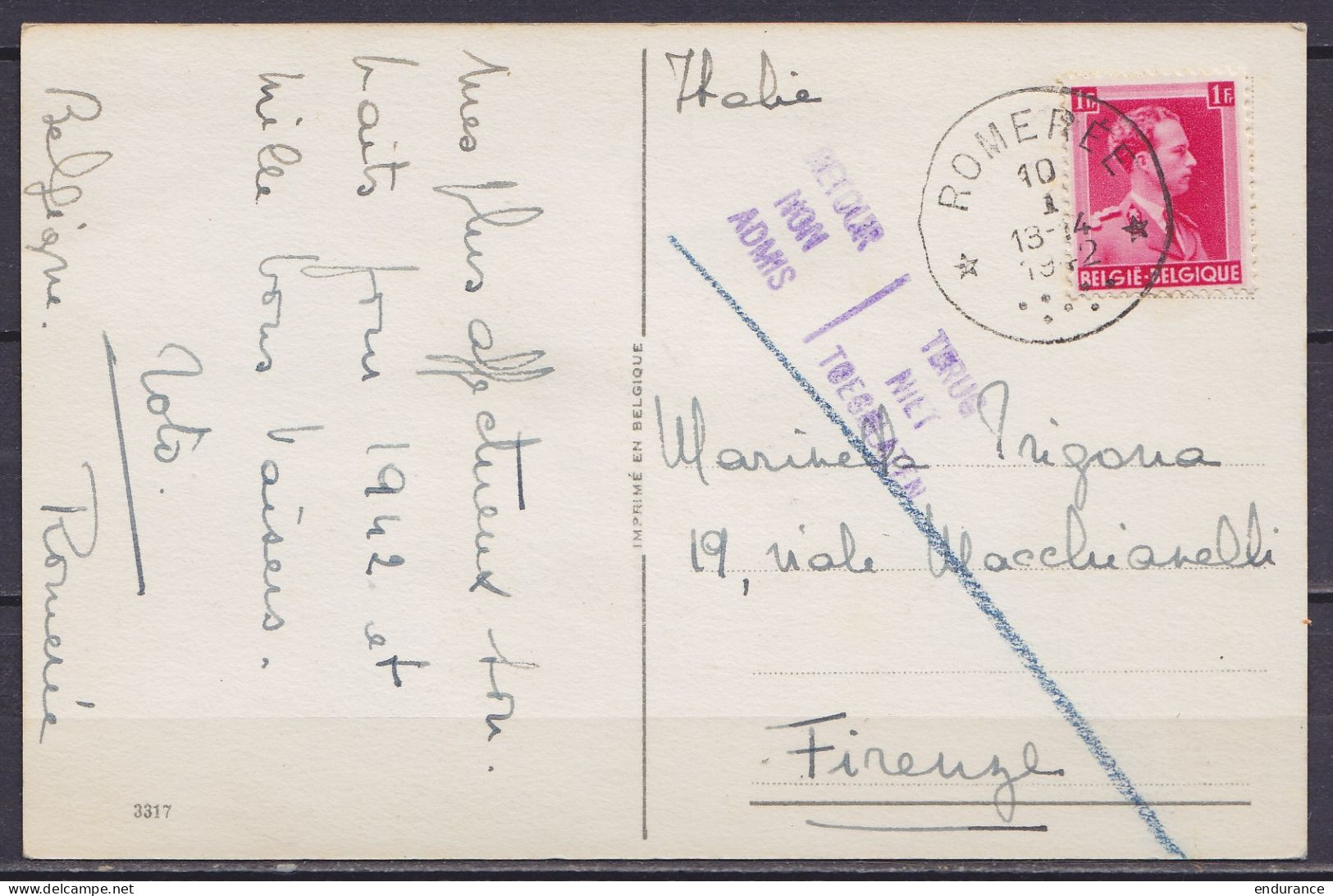 CP Vœux Affr. N°528 Càd Relais *ROMEREE* /10 I 1942 Pour FIRENZE - "RETOUR / NON-ADMIS / TERUG / NIET TOEGELATEN" - 1936-1957 Open Kraag