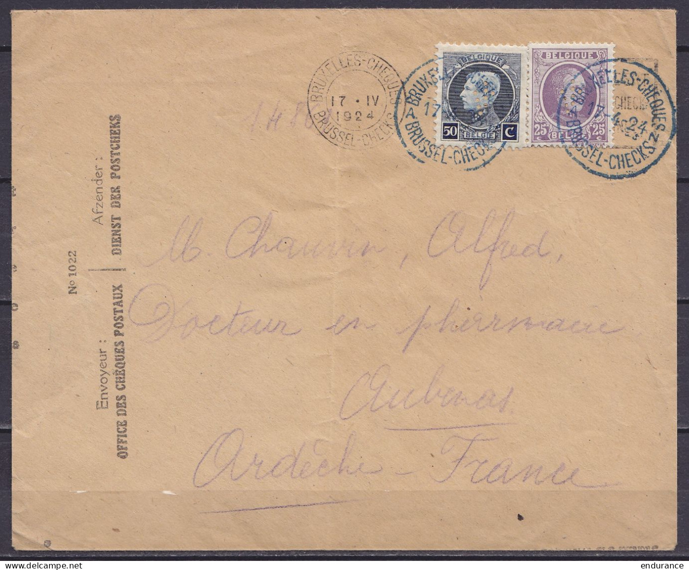 L. Office Des Chèques Postaux Affr. N°211+197 (sur Flam.) Càd Bleu "BRUXELLES-CHEQUES AN /17-4-1924/ BRUSSEL-CHECKS" Pou - 1921-1925 Kleine Montenez