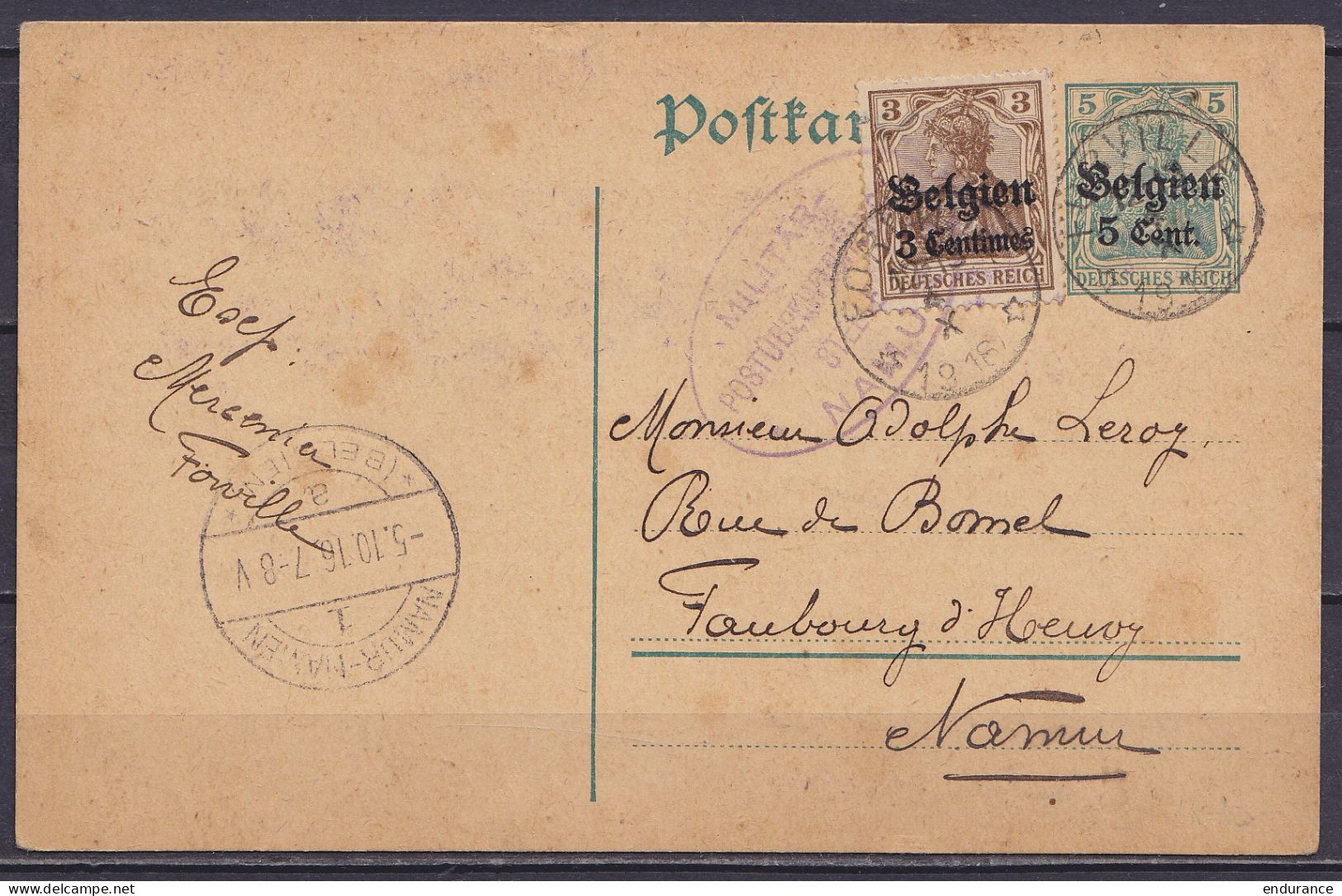 CP Postkarte Germania 5pf Vert Surch. 5c + OC1 Càd Relais De Guerre (rare !) "*FORVILLE* /4 X 1916" Pour NAMUR - Cachet  - German Occupation