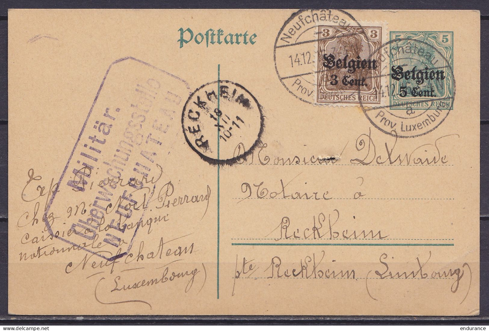 CP Postkarte Germania 5pf Vert Surch. 5c + OC11 Càpt "NEUFCHÂTEAU /14.12.1916/ Prov. Luxembourg" Pour Notaire à RECKHEIM - Deutsche Besatzung