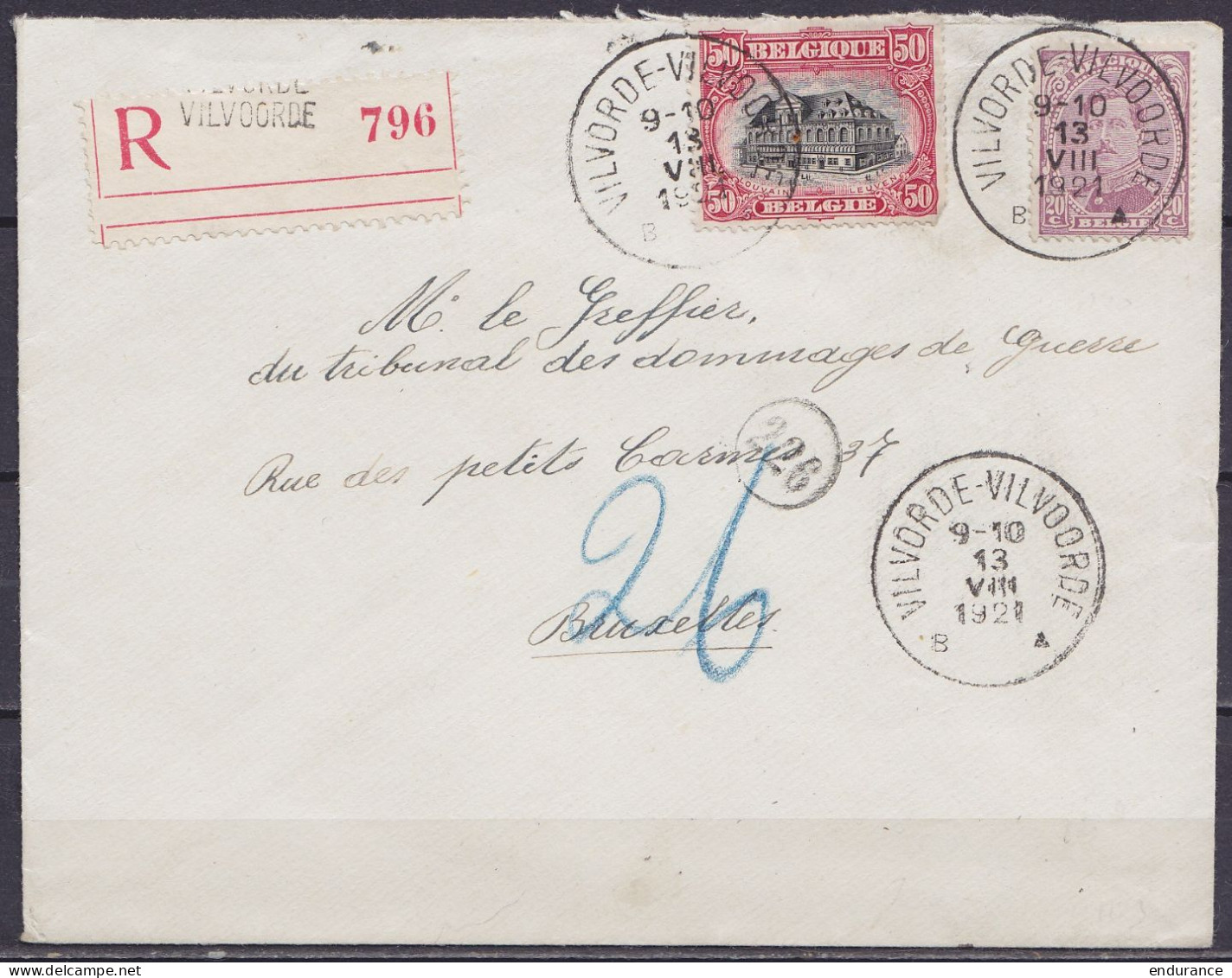 L. Recommandée Affr. N°140+144 Càd "VILVORDE-VILVOORDE B/13 VIII 1921" Pour BRUXELLES - 1915-1920 Albert I.