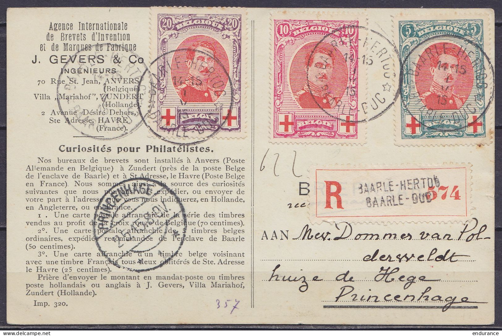 CP "Enclave Belge De Baarle Duc / Agence … Brevets D'inventions" Recommandée Affr. N°132/34 Càd Relais "*BAARLE-HERTOG*  - 1914-1915 Red Cross