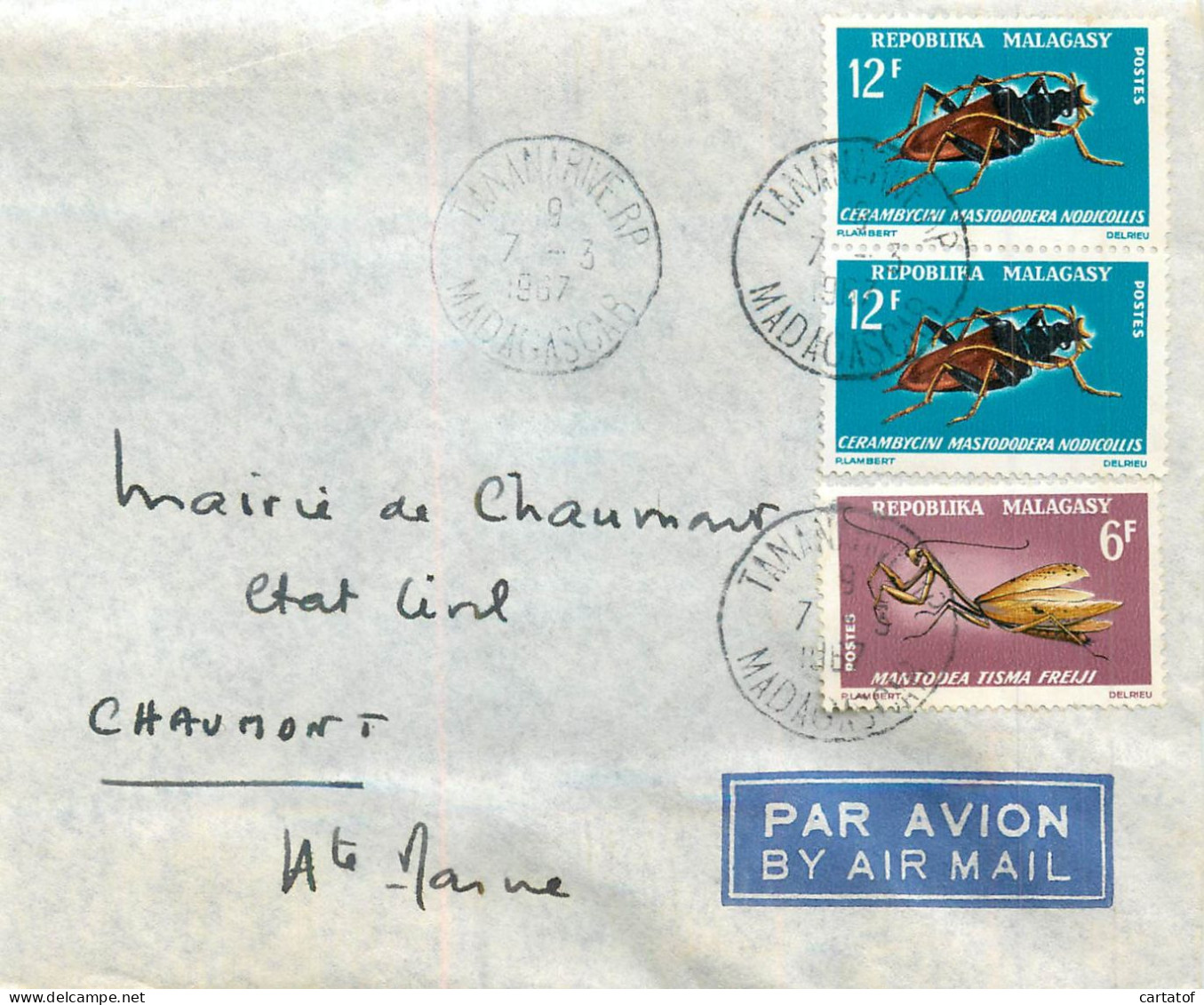 MADAGASCAR  Timbres 12 F  Et 6 F Sur Enveloppe Par Avion  - Madagascar (1960-...)