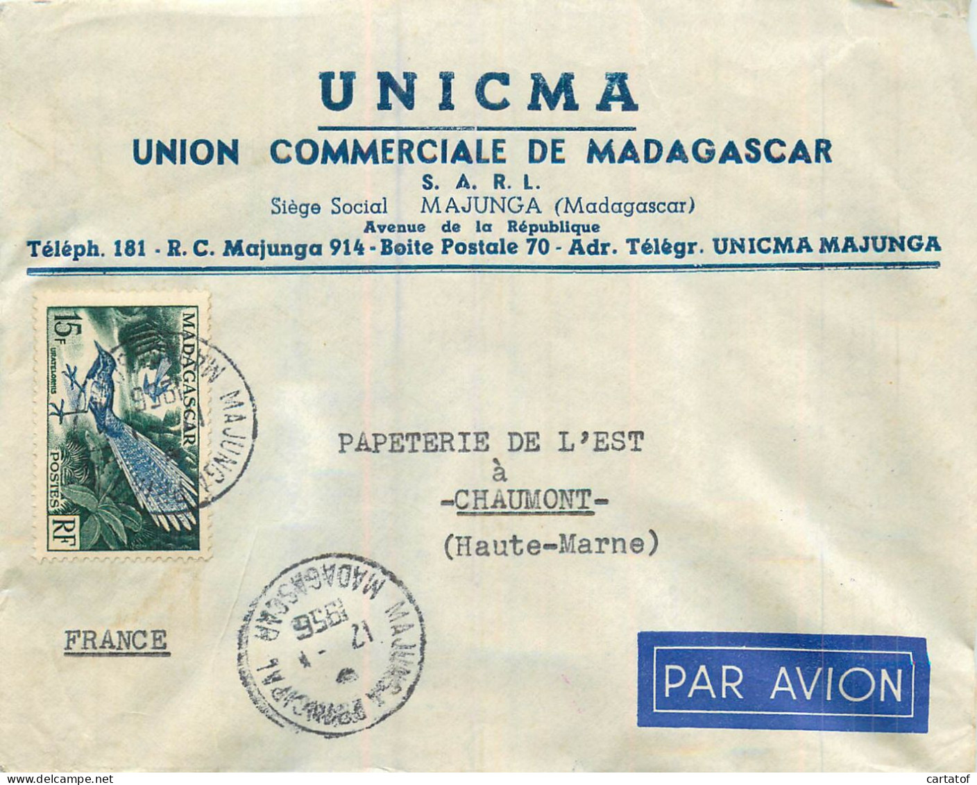 MADAGASCAR 15 F Sur Enveloppe Par Avion UNICMA Union Commerciale De Madagascar - Madagascar (1960-...)