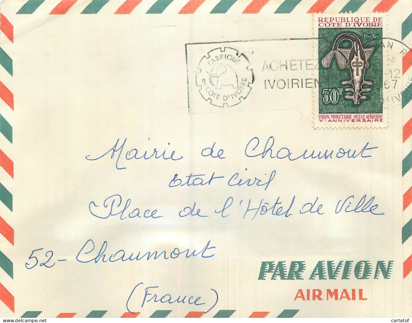 COTE D'IVOIRE Timbre 30 F  Sur Enveloppe Par Avion  - Côte D'Ivoire (1960-...)