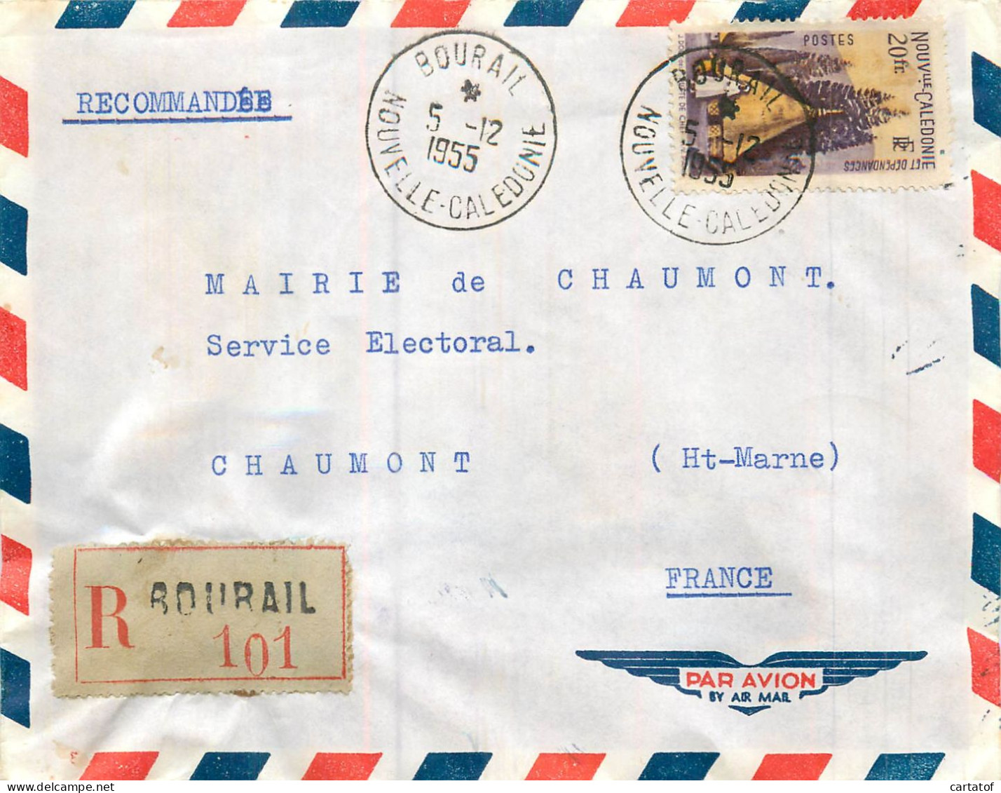 NOUVELLE CALEDONIE . Timbre 20F Sur Enveloppe Par Avion . Oblitération Et Recommandé BOURAIL .  - Used Stamps