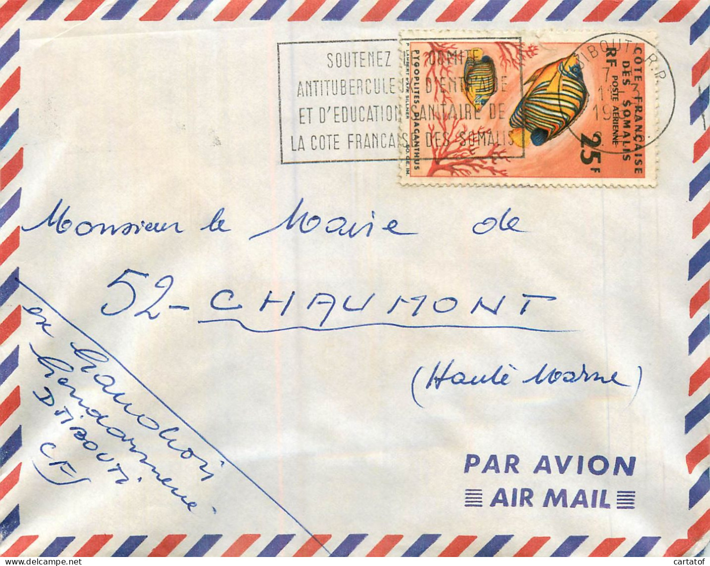 SOMALIE . Timbre 25F Sur Enveloppe Par Avion .  Oblitération Djibouti . - Somalie (1960-...)