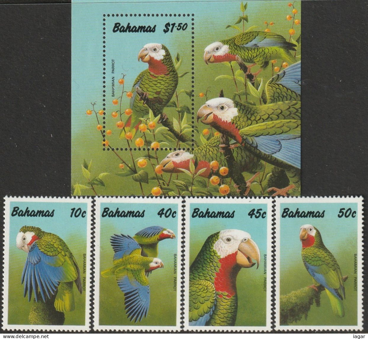THEMATIC FAUNA: THE BAHAMIAN PARROTS.  VARIOUS VIEWS OF THE BIRD     4v+MS       -   BAHAMAS - Parrots