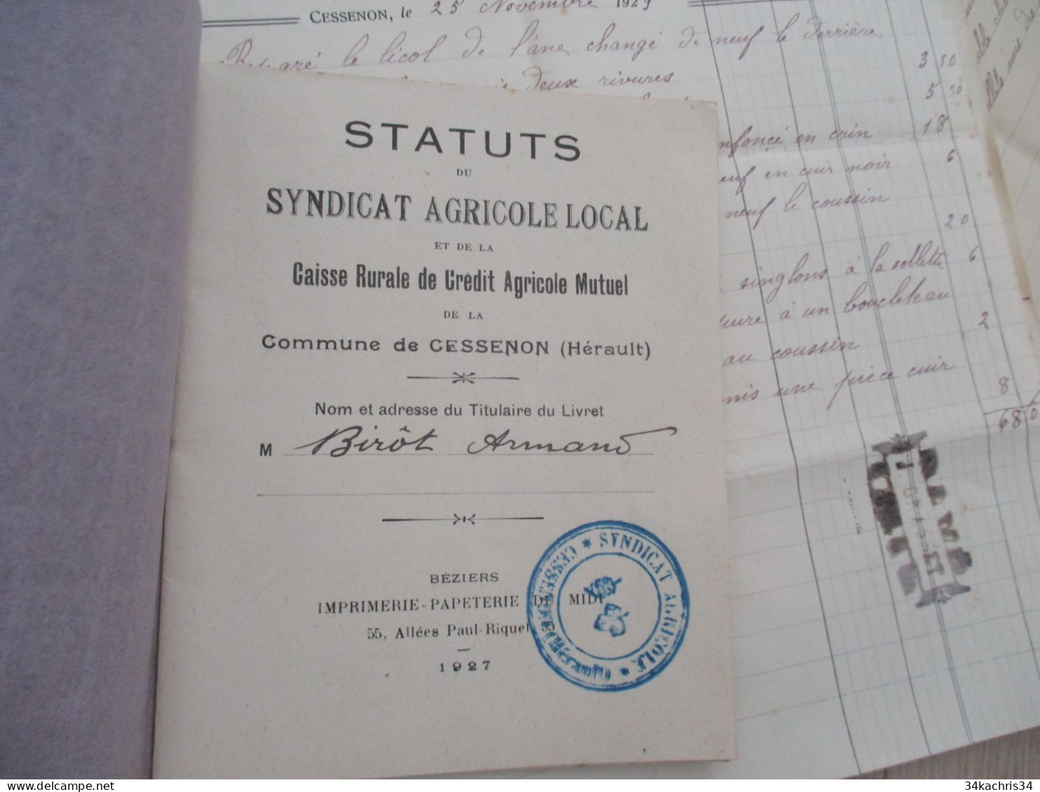 Cessenon Sur Orb Lot 14 Documents Originaux Dont  Facture Carnet Viticulture Agriculture Autres Même Provenance - Other & Unclassified